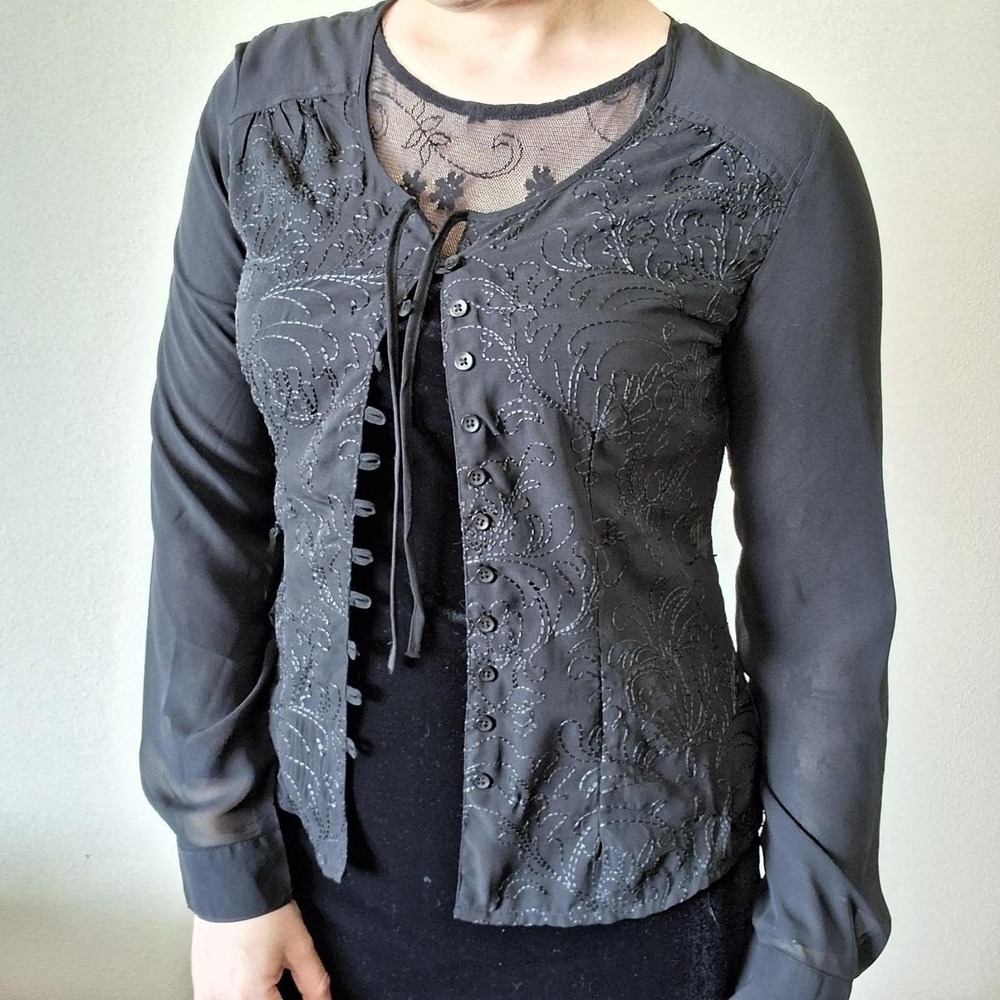 Vintage Y2K Black Sheer Beaded Embroidered Cardigan Blouse S M